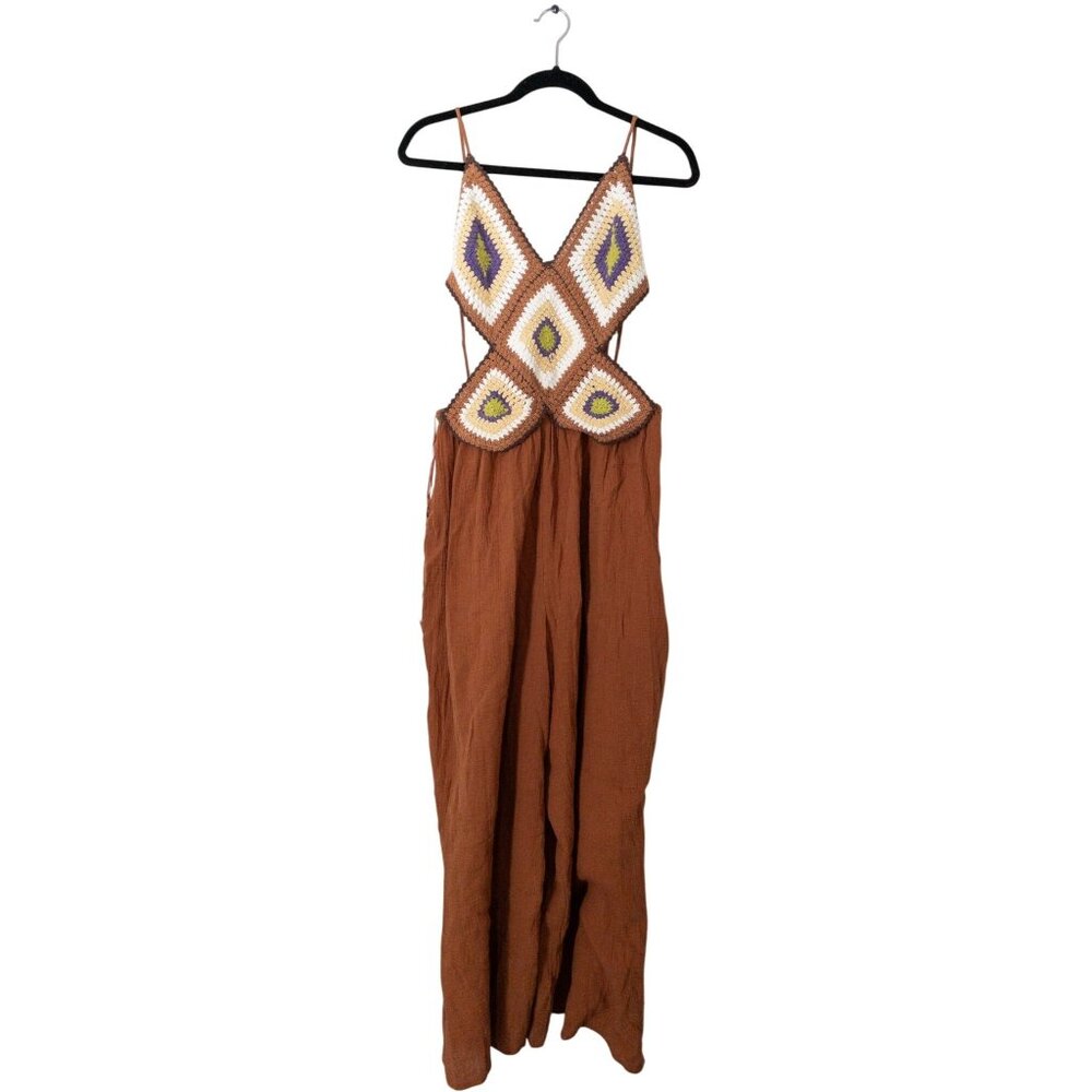 NEW By Anthropologie Boho Crochet Twofer Jumpsuit Rust Cream backless - Picture 2 of 14